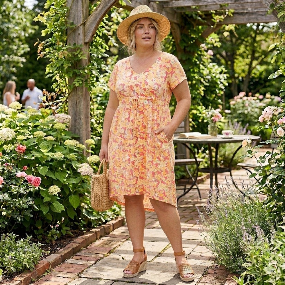 Stan Herman Floral Lounge Dress Women P1X Pink Orange Cotton Drawstring Pockets
